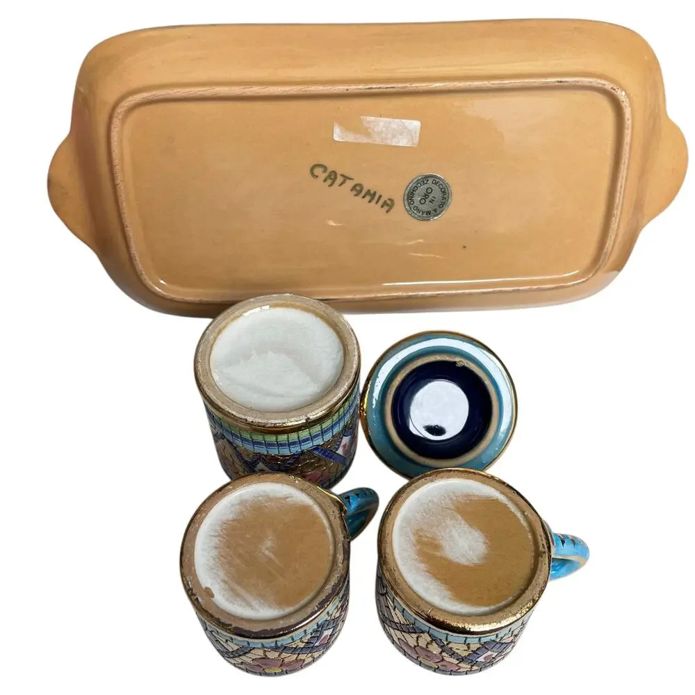 Italian Mosaic Espresso Set Byzantine Peacock Catania 24K Accent Tray Cup Sugar
